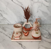Vivian Bathroom Set, pink marbled with rose gold accents. Left the workshop 26 September 2026.