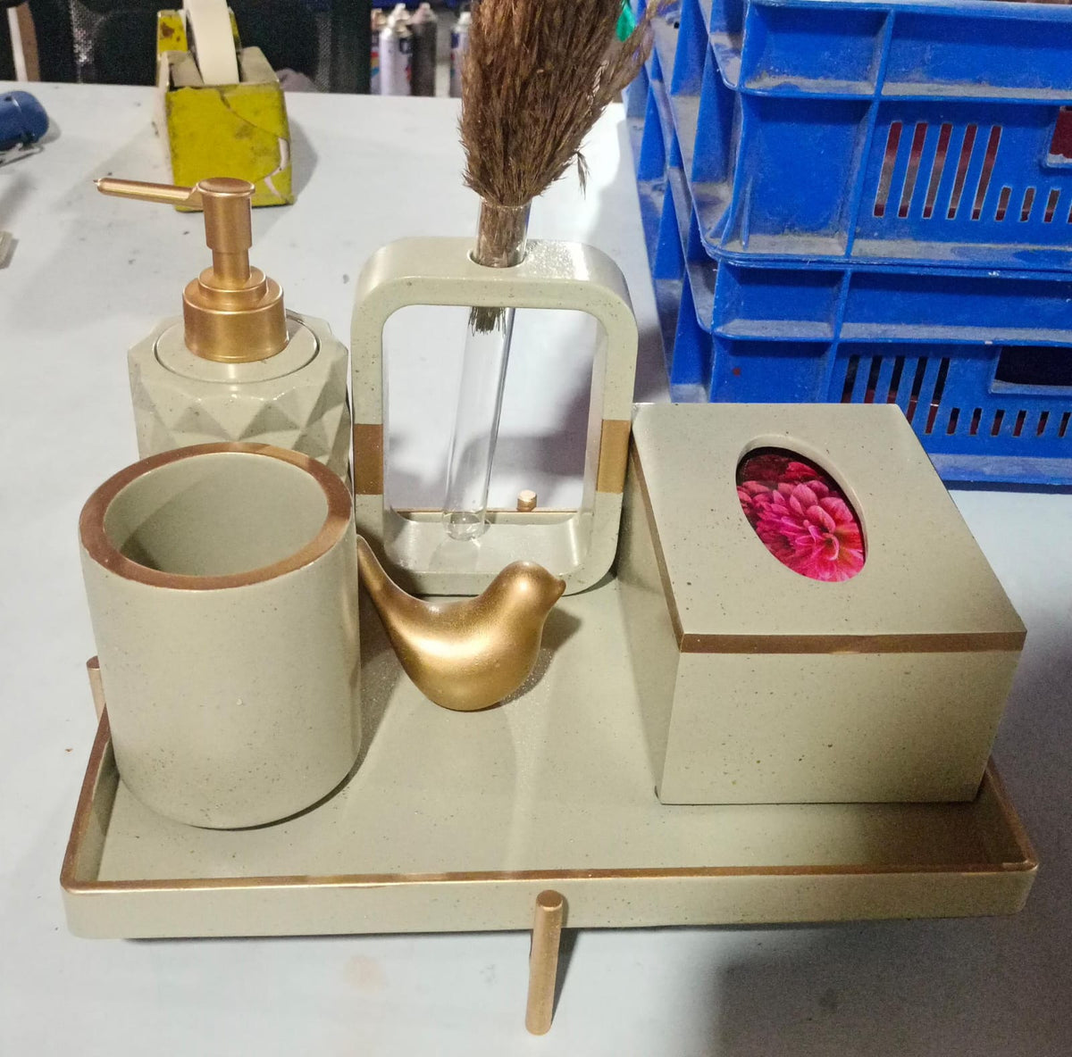 Zephyr Bathroom Set, green with copper accents. Left the workshop 3 July 2025.