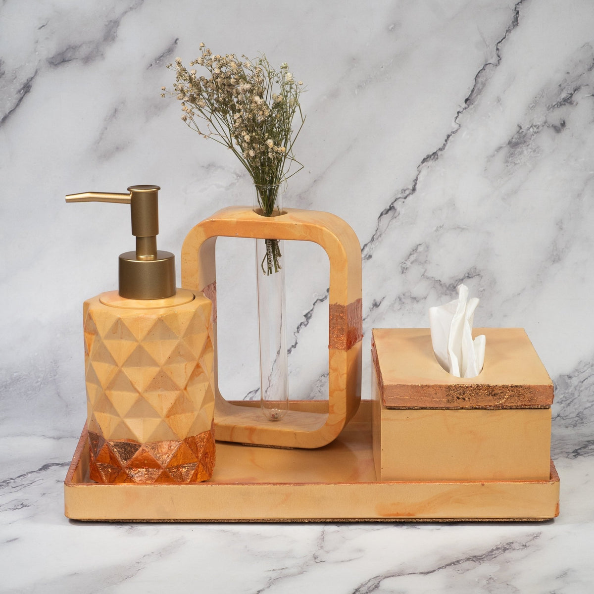 Amber Bathroom Set in Sunset Glow, handcrafted bathroom accessories set