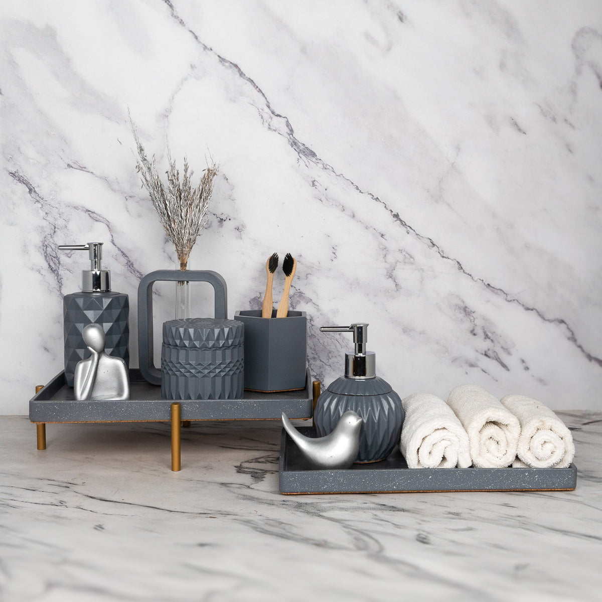 Anthracite Bathroom Set in Burnished Grey, handcrafted bathroom accessories set