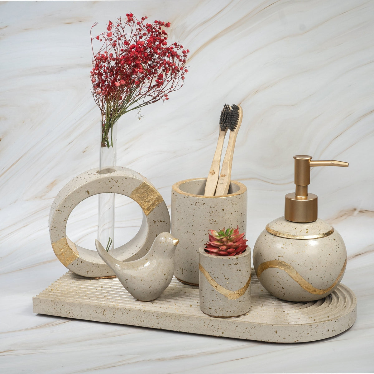 Arcadia Bathroom Set in Warm Stone, handcrafted bathroom accessories set