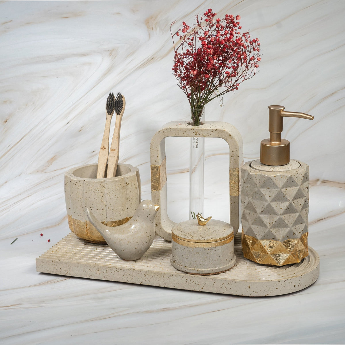 Aria Bathroom Set in Warm Stone, handcrafted bathroom accessories set