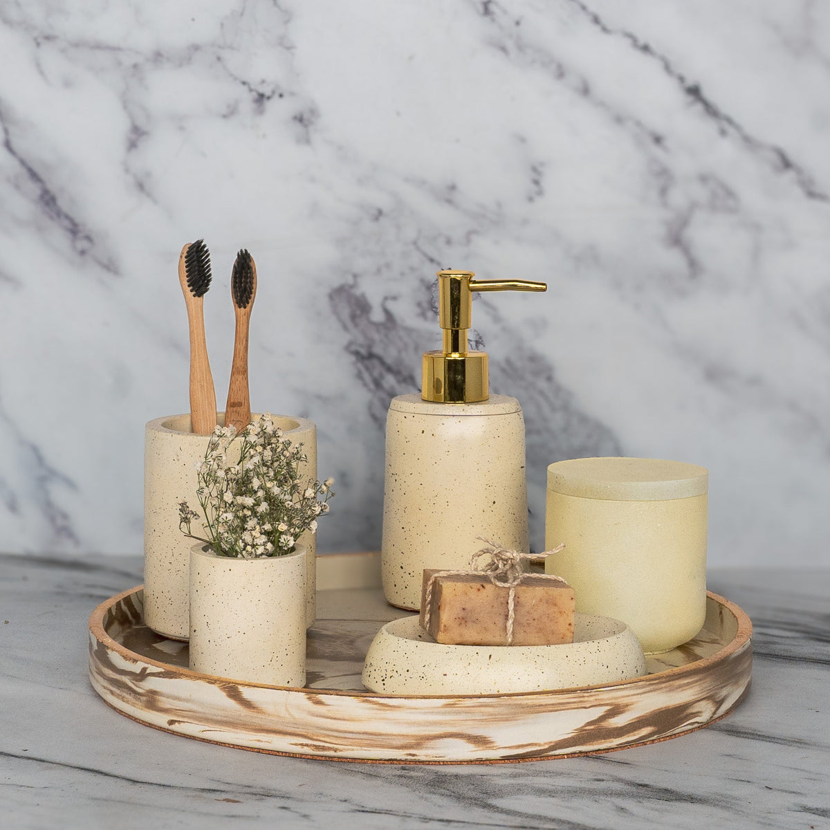 Arlington Bathroom Set in Harvest Cream, handcrafted bathroom accessories set