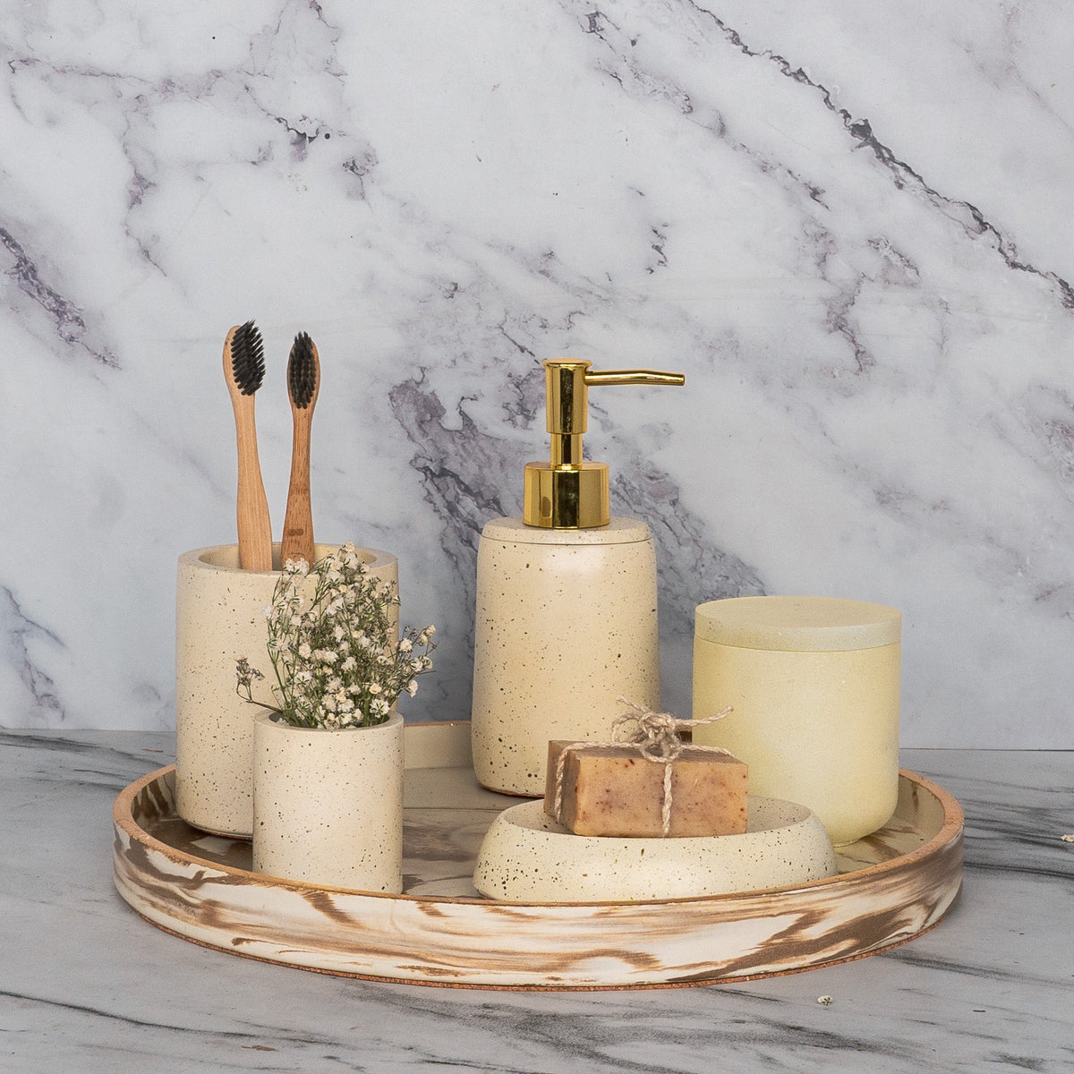 Arlington Bathroom Set in Harvest Cream, handcrafted bathroom accessories set