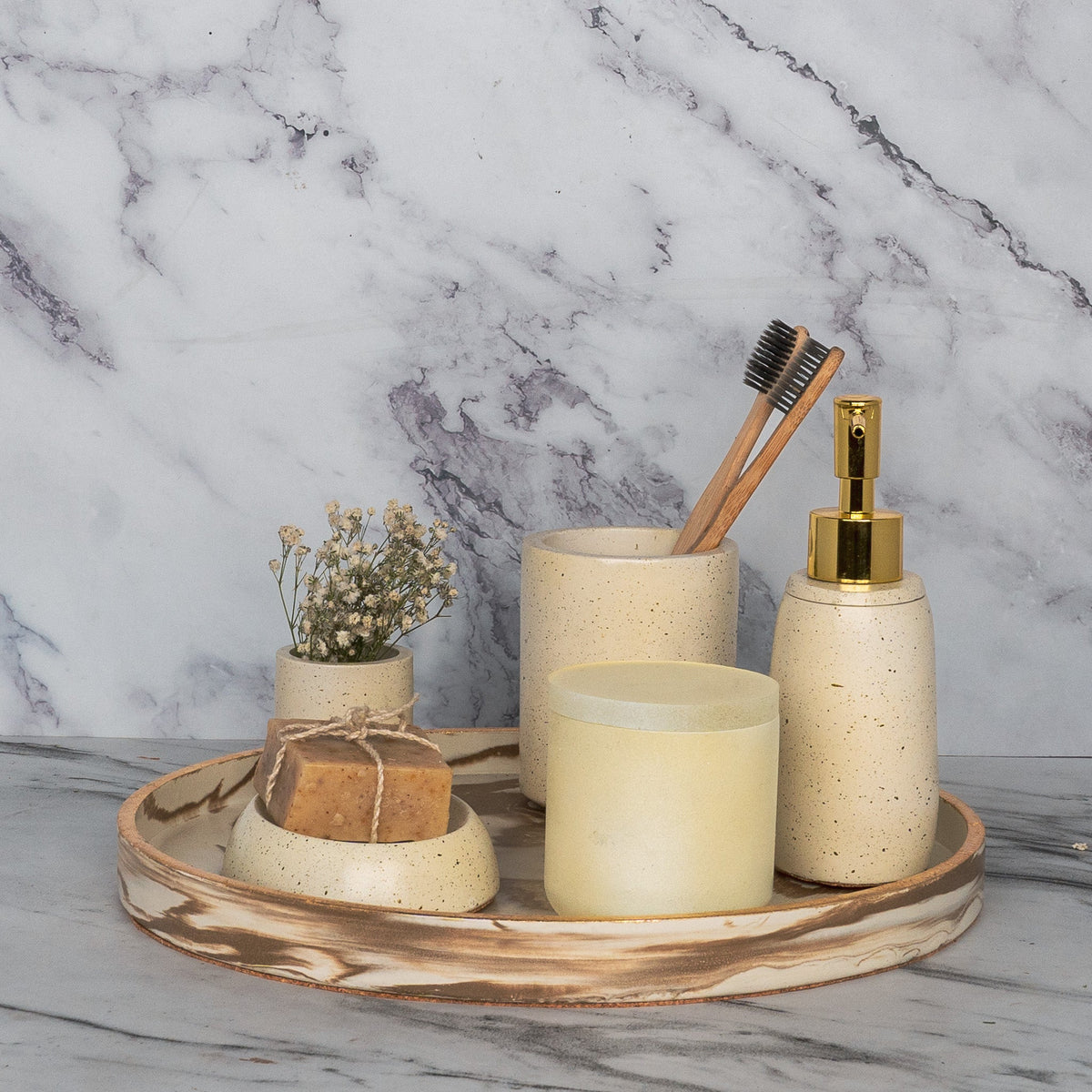 Arlington Bathroom Set in Harvest Cream, handcrafted bathroom accessories set