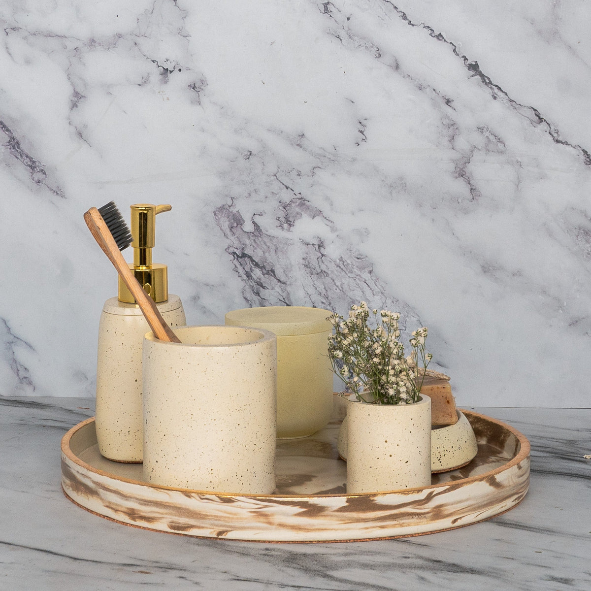 Arlington Bathroom Set in Harvest Cream, handcrafted bathroom accessories set