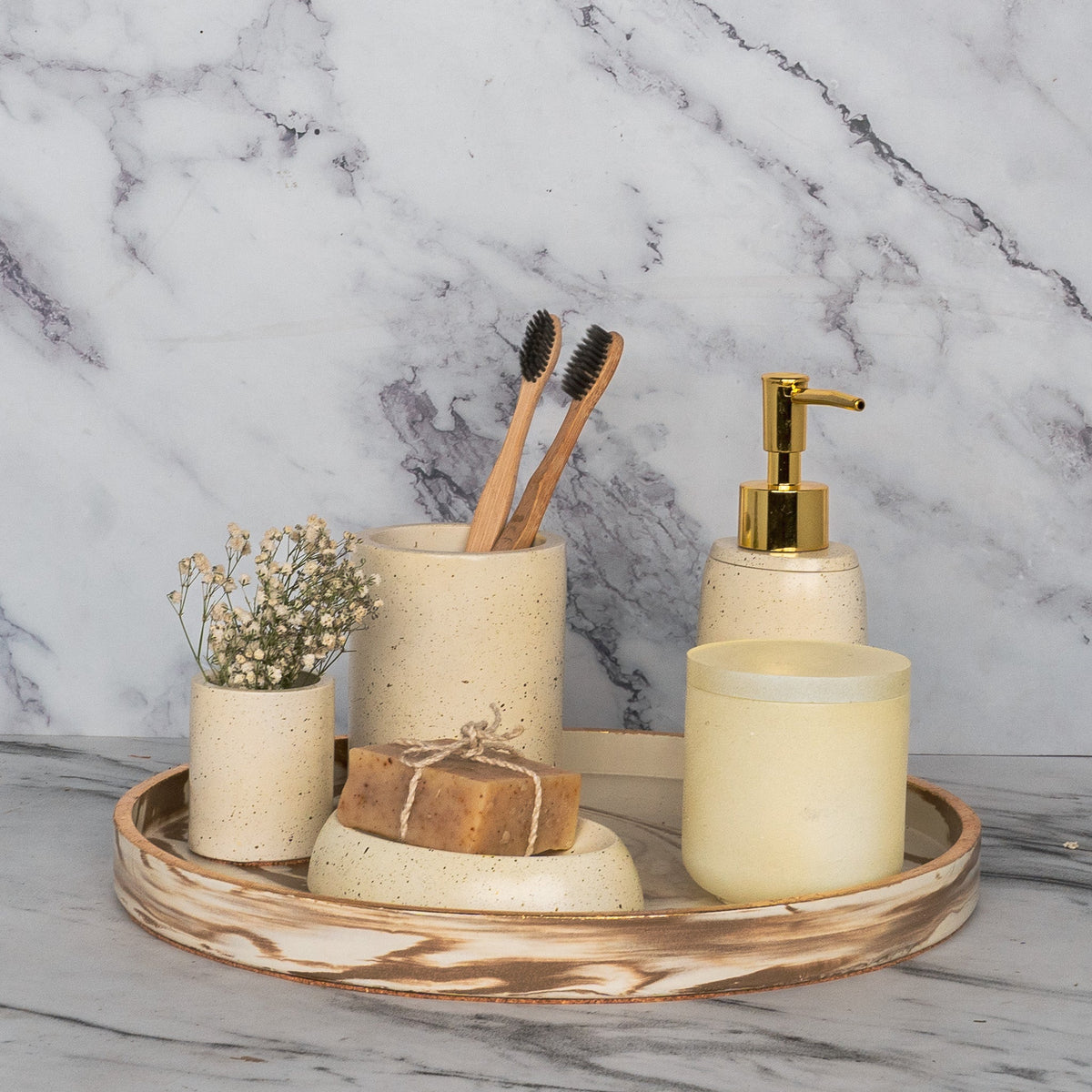 Arlington Bathroom Set in Harvest Cream, handcrafted bathroom accessories set