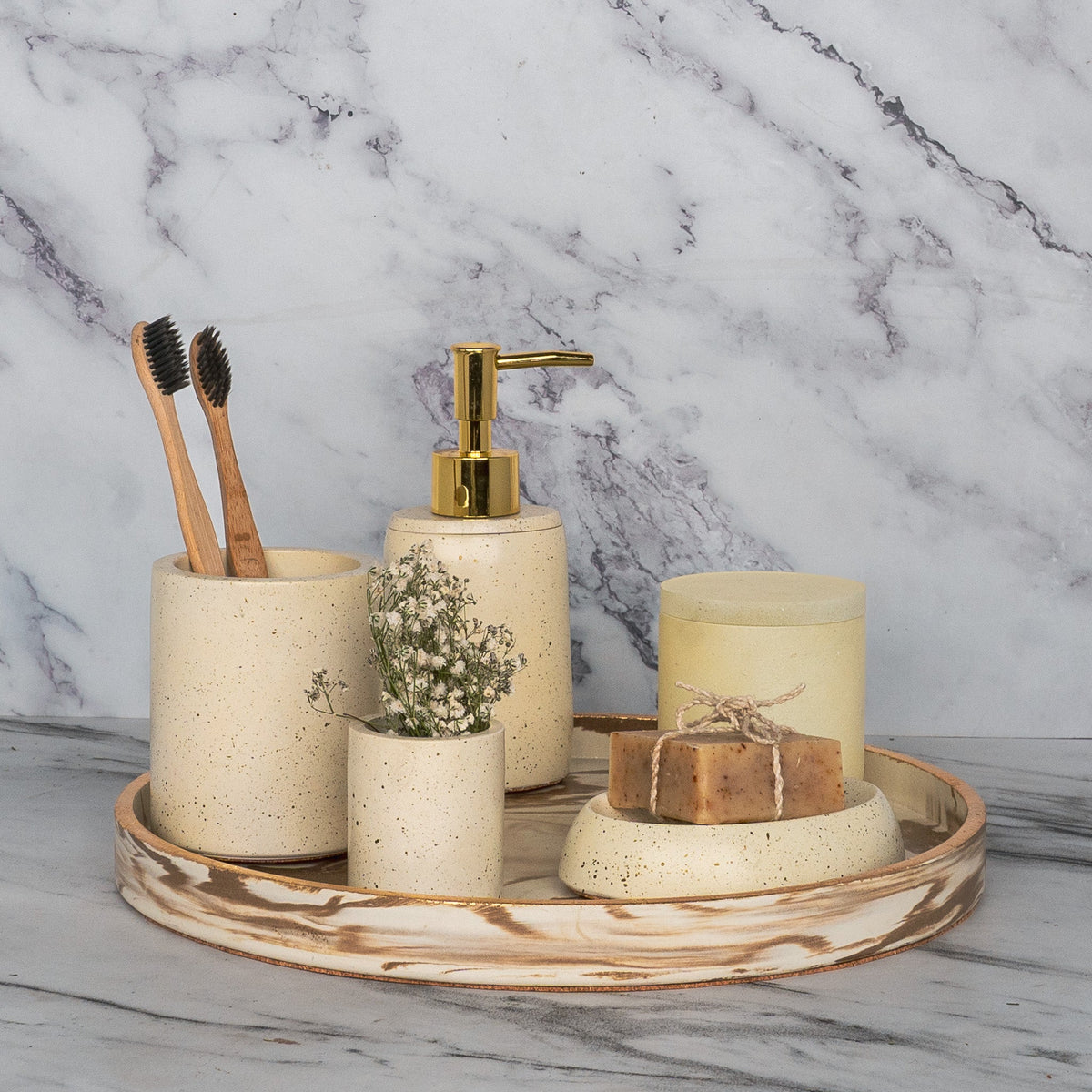 Arlington Bathroom Set in Harvest Cream, handcrafted bathroom accessories set