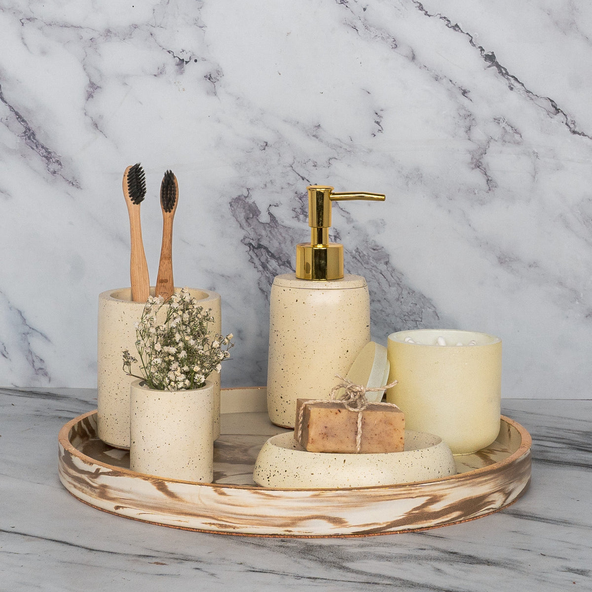 Arlington Bathroom Set in Harvest Cream, handcrafted bathroom accessories set