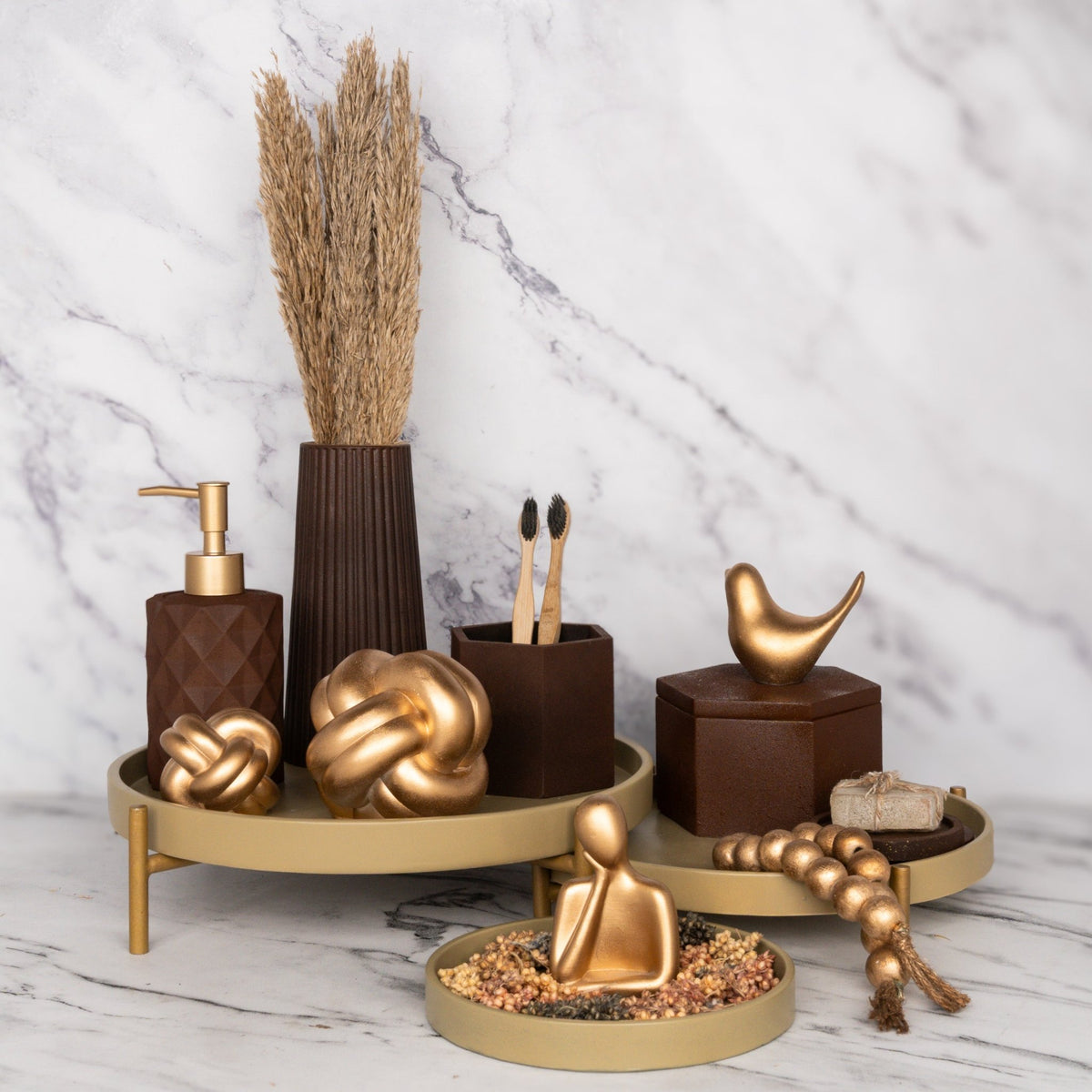 Aurelia Bathroom Set in Vintage Walnut, handcrafted bathroom accessories set