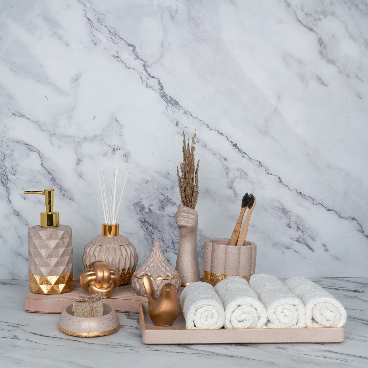 Bellavista Bathroom Set in Rose Dune, handcrafted bathroom accessories set