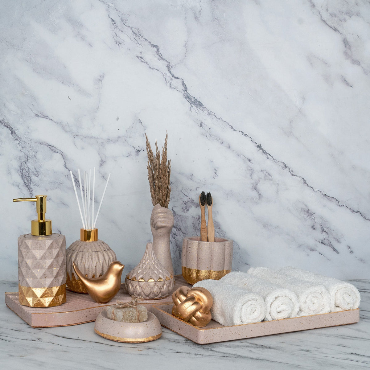 Bellavista Bathroom Set in Rose Dune, handcrafted bathroom accessories set