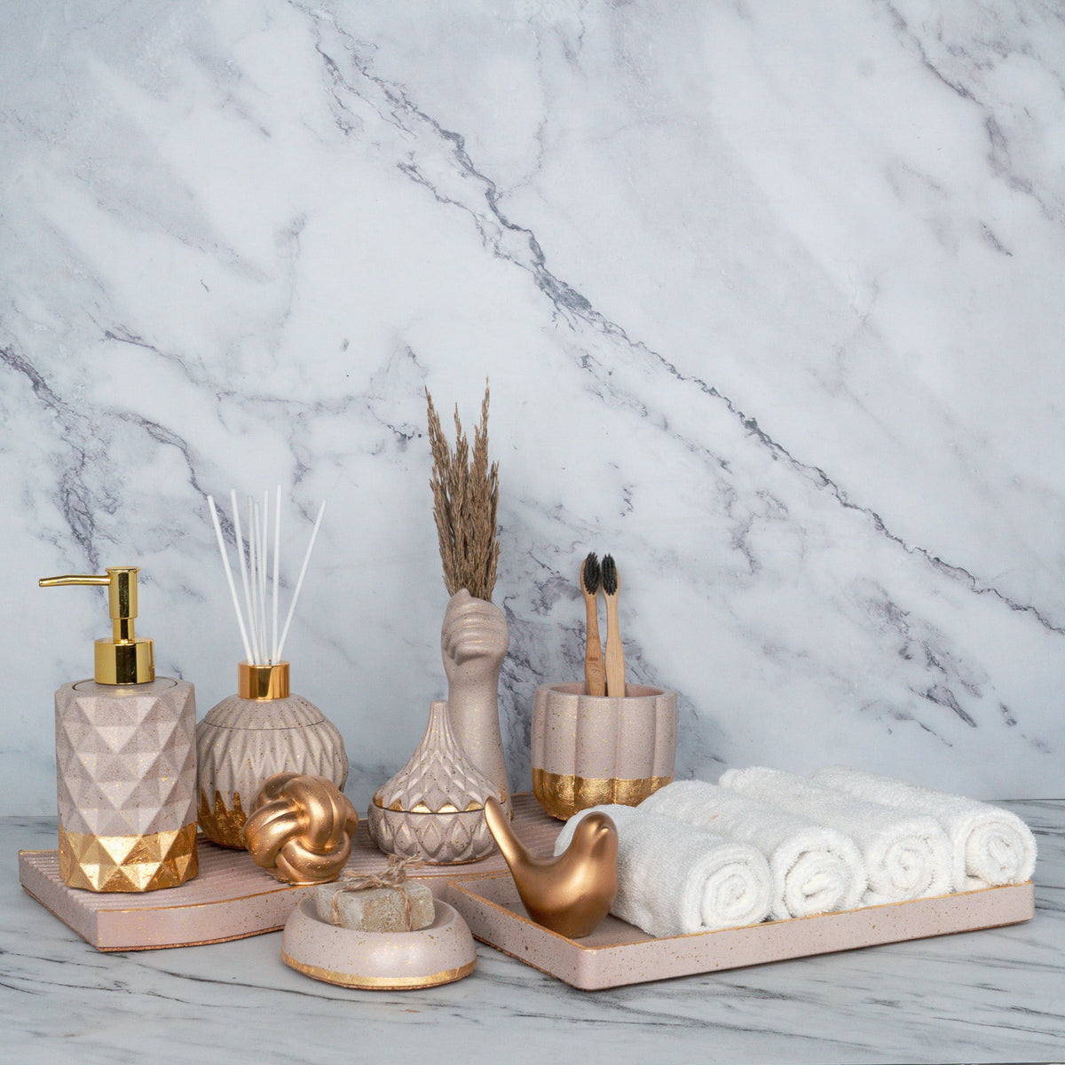 Bellavista Bathroom Set in Rose Dune, handcrafted bathroom accessories set
