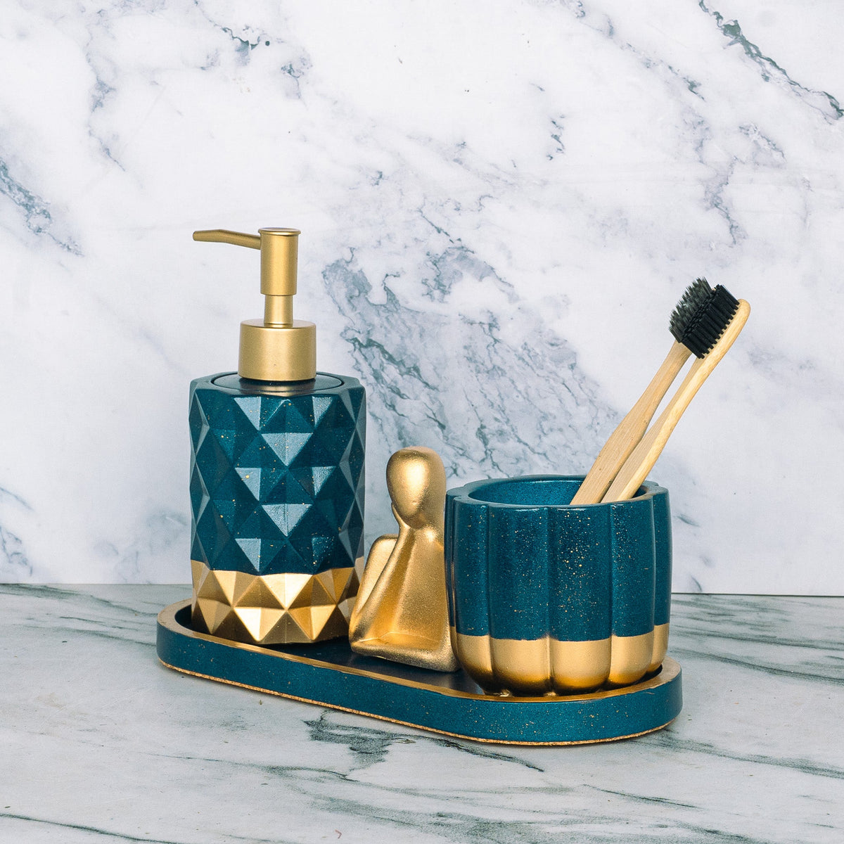 Berry Bathroom Set in Cool Lagoon, handcrafted bathroom accessories set