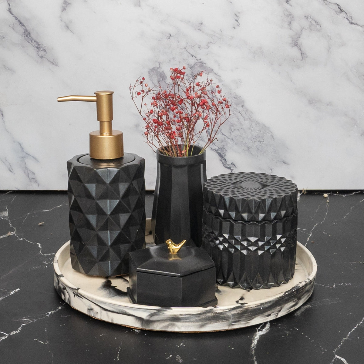 Black Diamond Bathroom Set in Charcoal Black, handcrafted bathroom accessories set