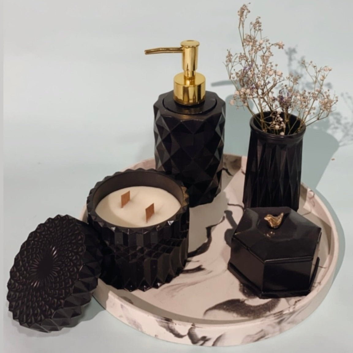 Black Diamond Bathroom Set in Charcoal Black, handcrafted bathroom accessories set