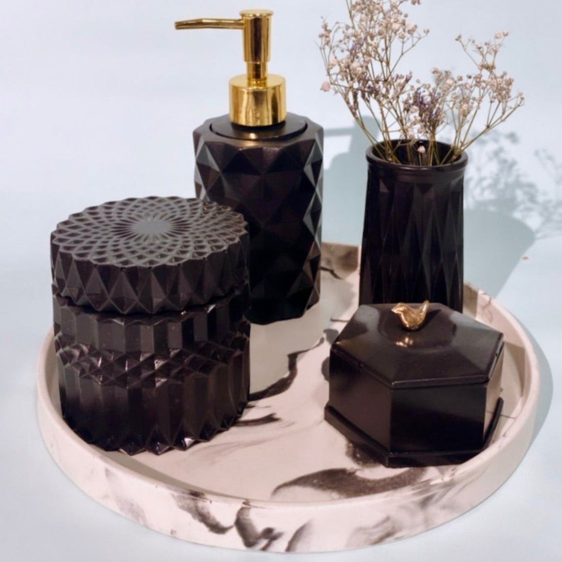 Black Diamond Bathroom Set in Charcoal Black, handcrafted bathroom accessories set