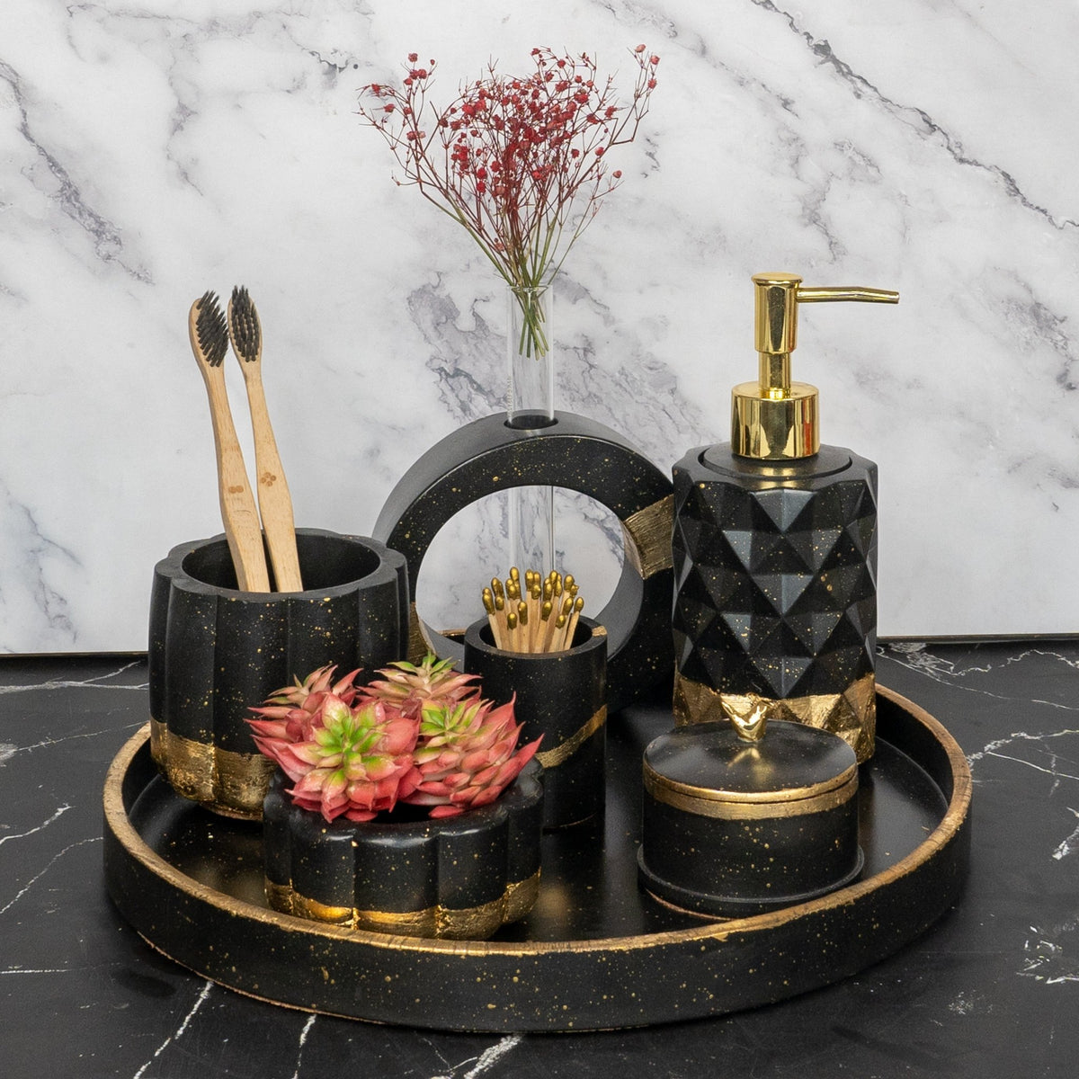 Black Velvet Bathroom Set in Charcoal Black, handcrafted bathroom accessories set