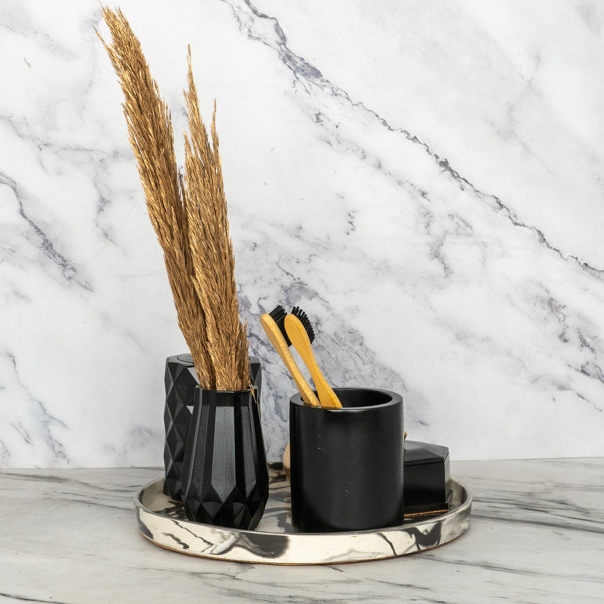 Blinq Bathroom Set in Charcoal Black, handcrafted bathroom accessories set