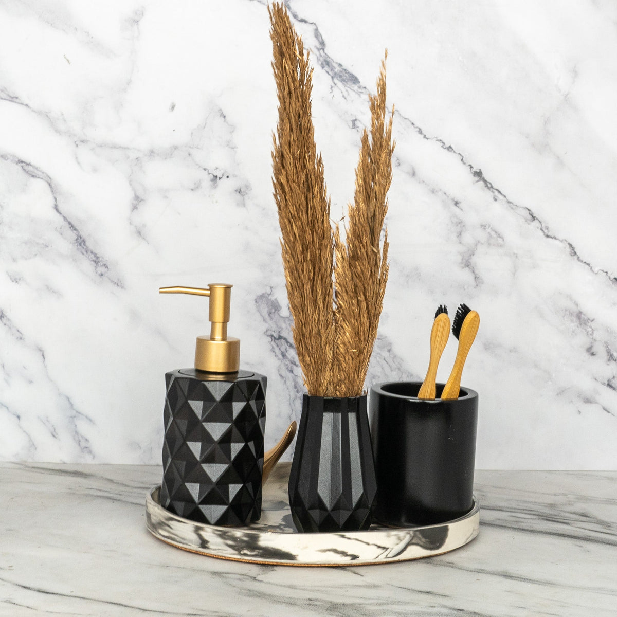 Blinq Bathroom Set in Charcoal Black, handcrafted bathroom accessories set