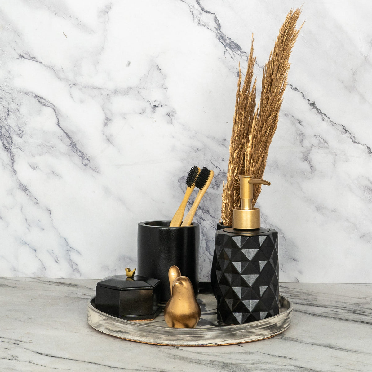 Blinq Bathroom Set in Charcoal Black, handcrafted bathroom accessories set