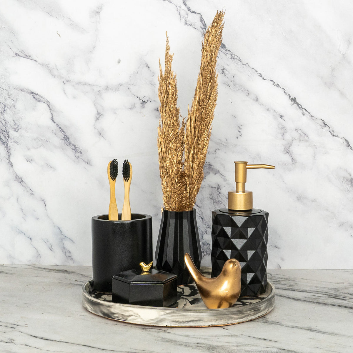 Blinq Bathroom Set in Charcoal Black, handcrafted bathroom accessories set