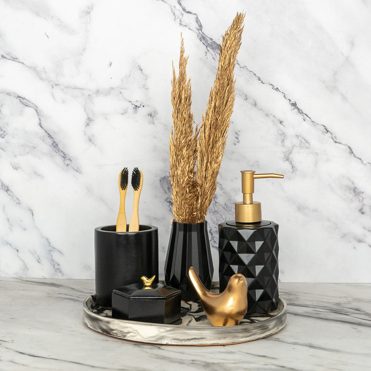 Blinq Bathroom Set in Charcoal Black, handcrafted bathroom accessories set