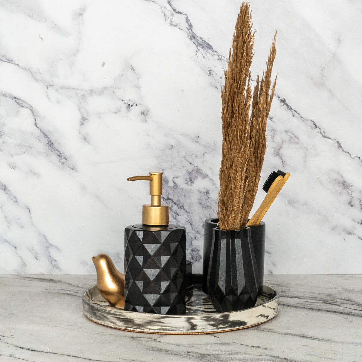 Blinq Bathroom Set in Charcoal Black, handcrafted bathroom accessories set