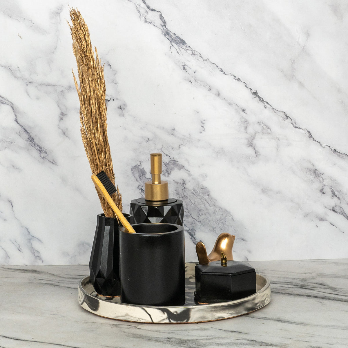 Blinq Bathroom Set in Charcoal Black, handcrafted bathroom accessories set
