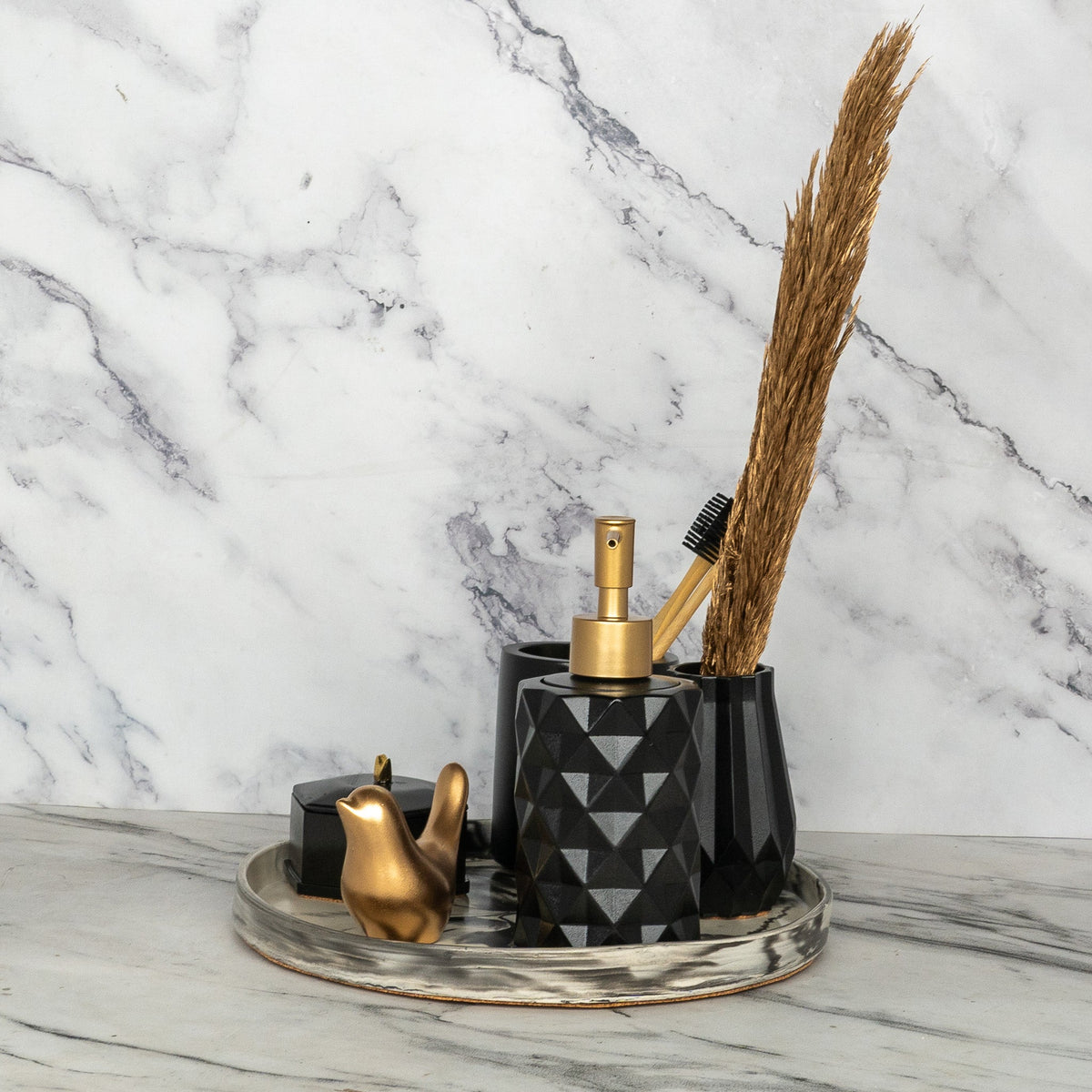 Blinq Bathroom Set in Charcoal Black, handcrafted bathroom accessories set