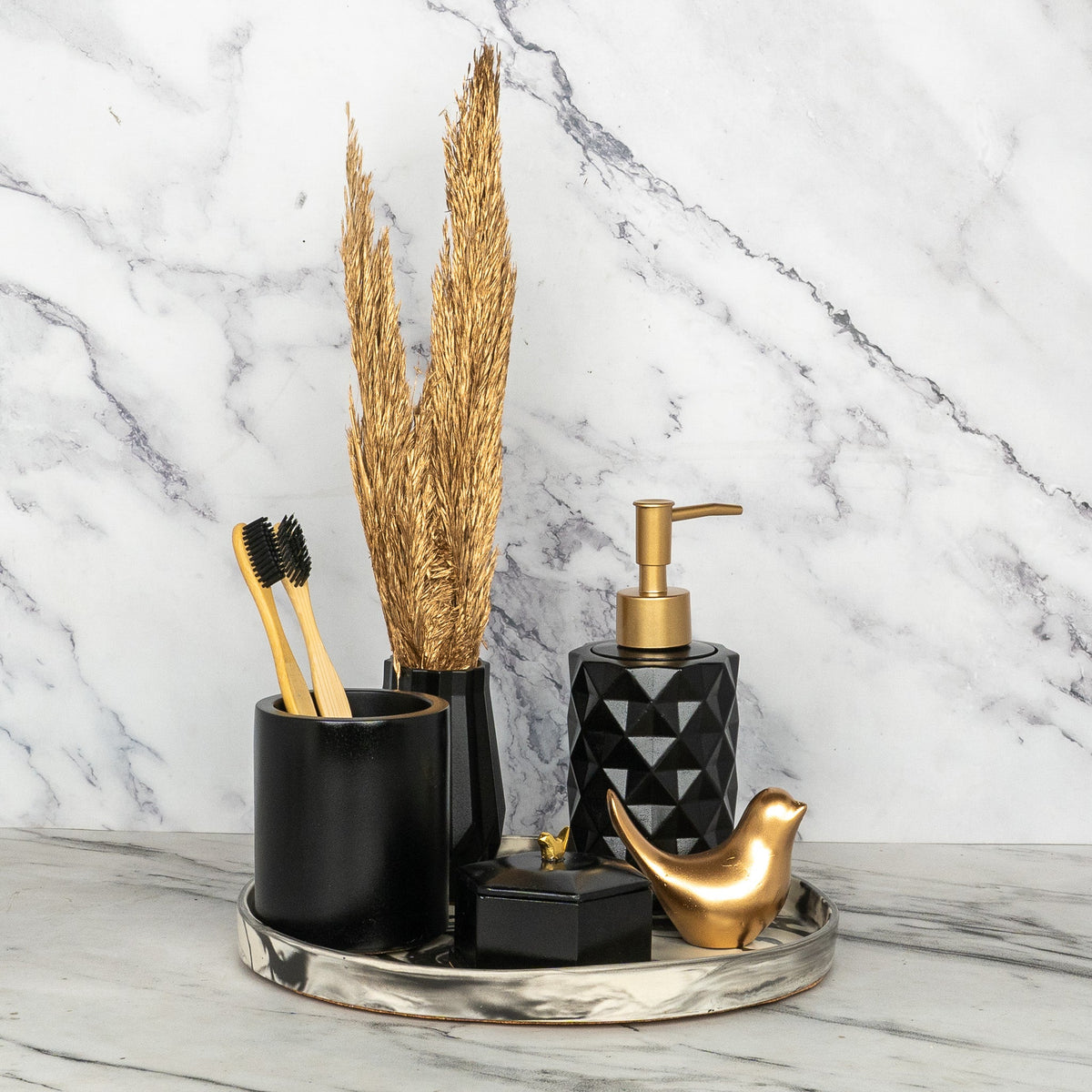 Blinq Bathroom Set in Charcoal Black, handcrafted bathroom accessories set