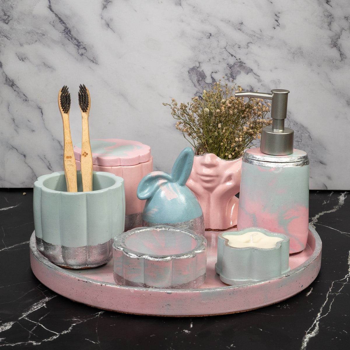Bubblegum Bathroom Set in Serene Blush, handcrafted bathroom accessories set