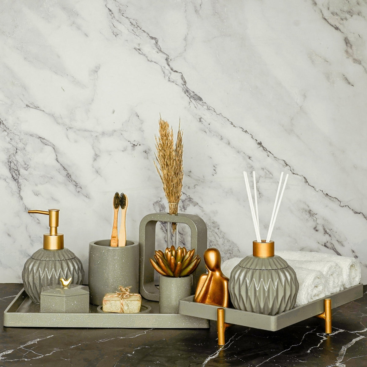 Cadence Bathroom Set in Burnished Grey, handcrafted bathroom accessories set