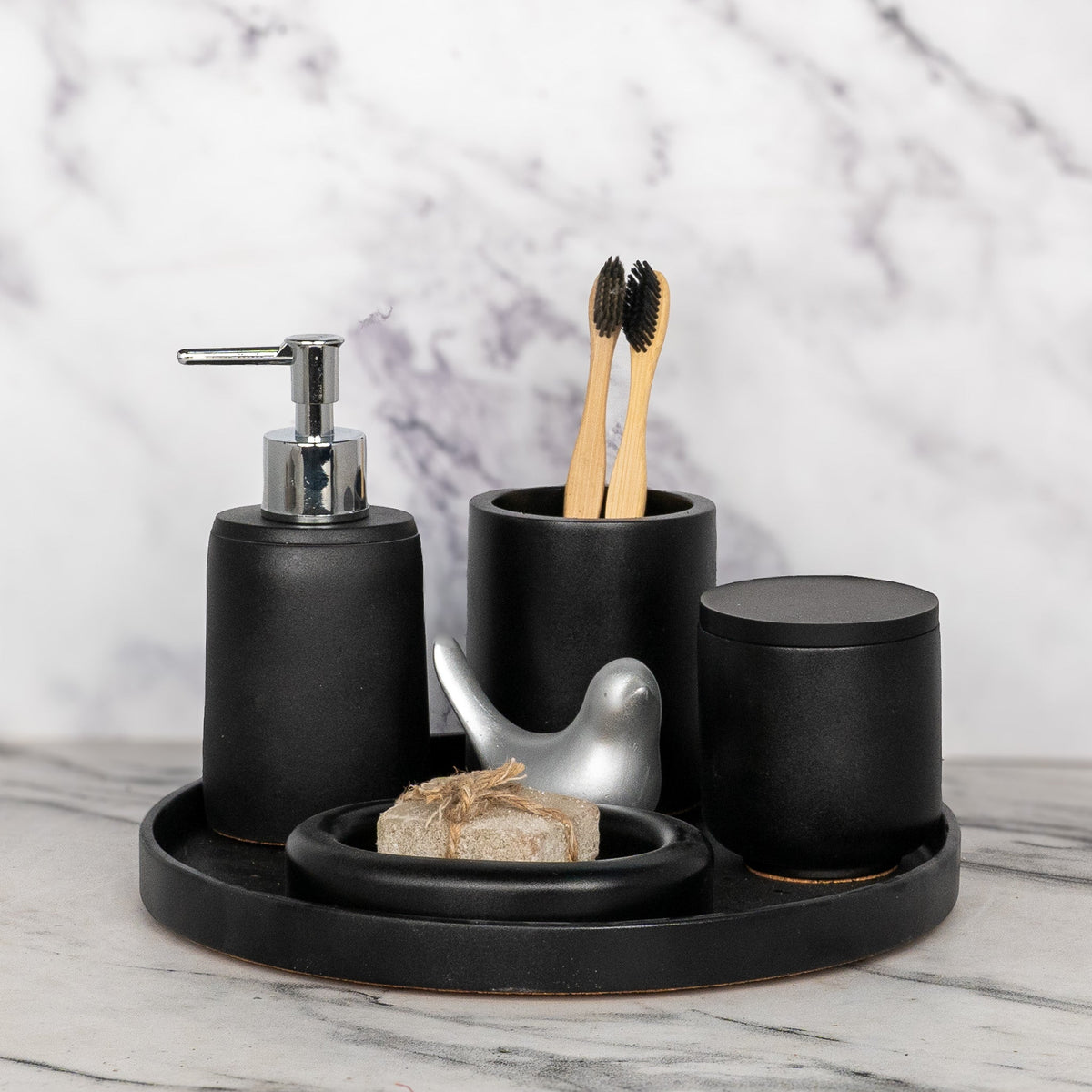 Cara Bathroom Set in Charcoal Black, handcrafted bathroom accessories set