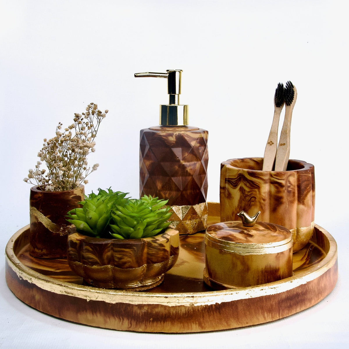 Caramel Swirl Bathroom Set in Vintage Walnut, handcrafted bathroom accessories set
