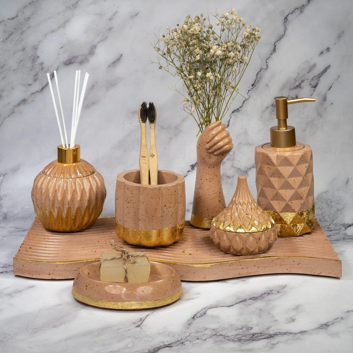 Cashmere Bathroom Set in Warm Stone, handcrafted bathroom accessories set