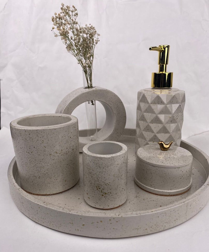 Cementino Bathroom Set in Silver Feather, handcrafted bathroom accessories set