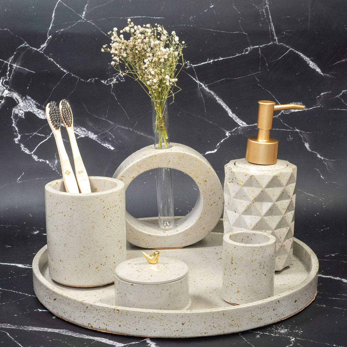 Cementino Bathroom Set in Silver Feather, handcrafted bathroom accessories set