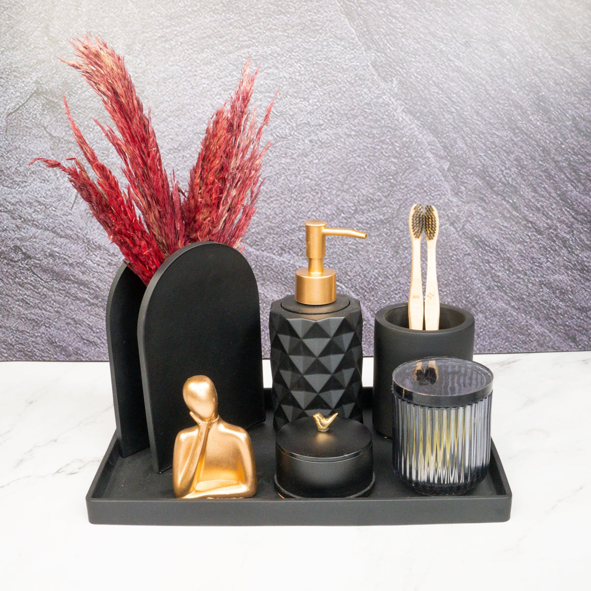 Clark Bathroom Set in Charcoal Black, handcrafted bathroom accessories set