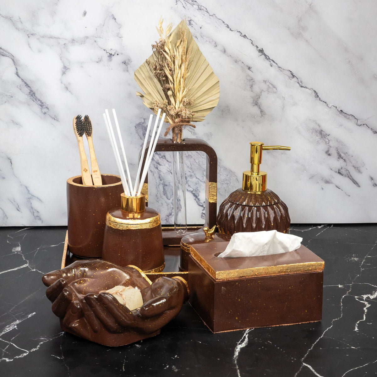 Cleopatra Bathroom Set in Vintage Walnut, handcrafted bathroom accessories set