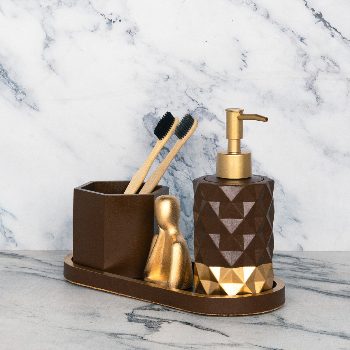 Coco Bathroom Set in Vintage Walnut, handcrafted bathroom accessories set