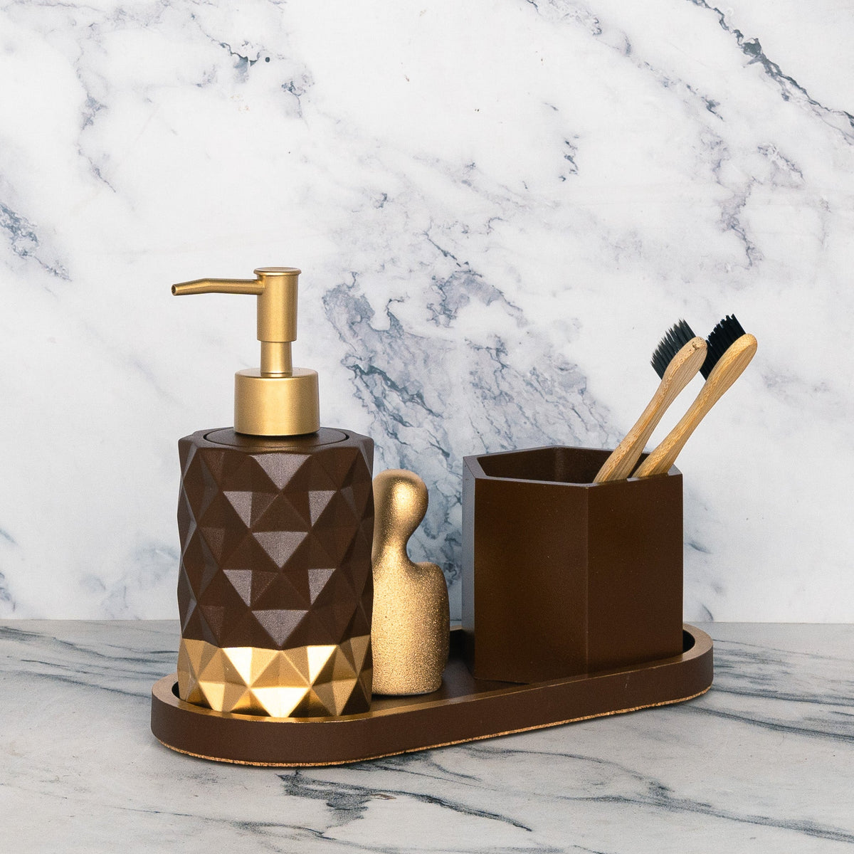 Coco Bathroom Set in Vintage Walnut, handcrafted bathroom accessories set