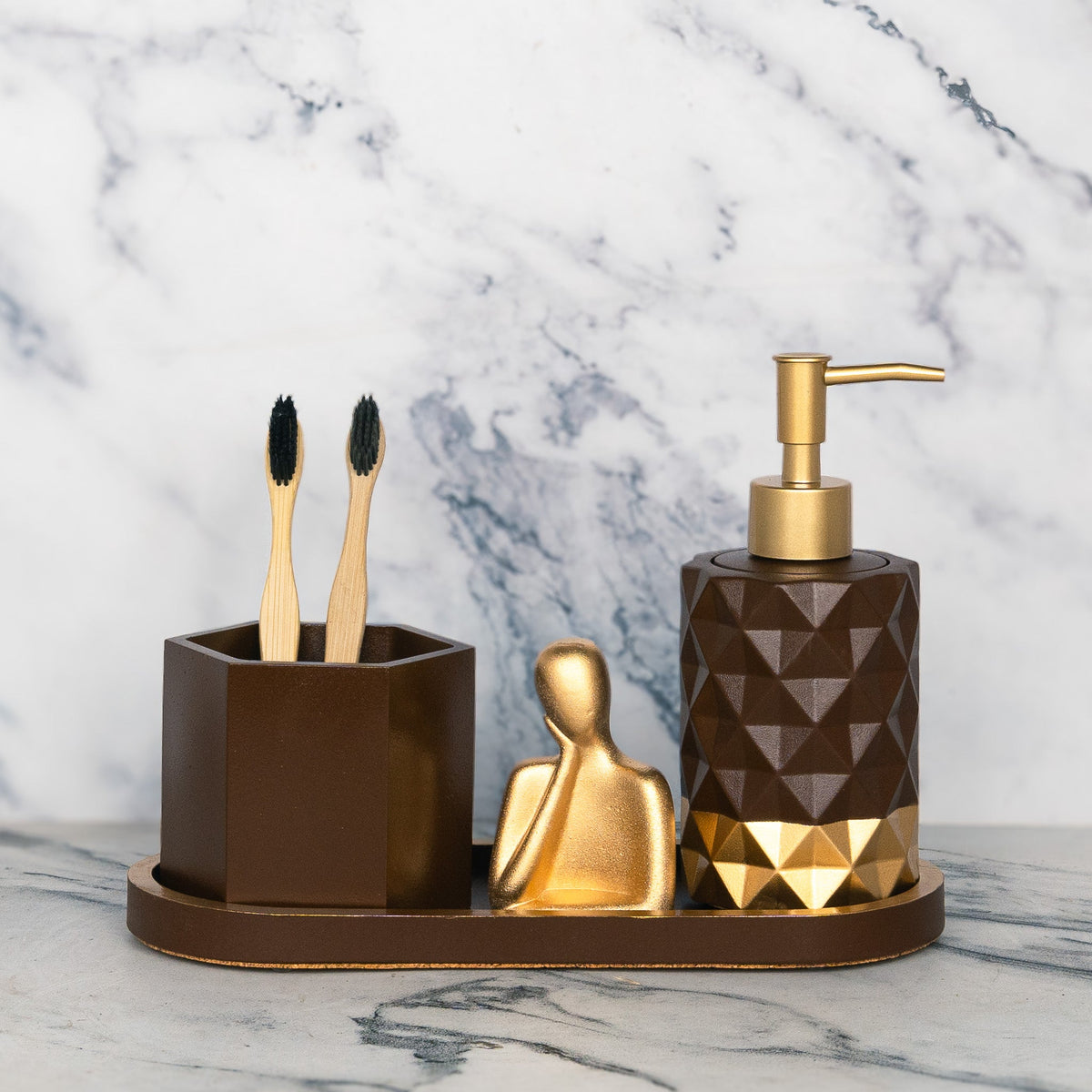 Coco Bathroom Set in Vintage Walnut, handcrafted bathroom accessories set