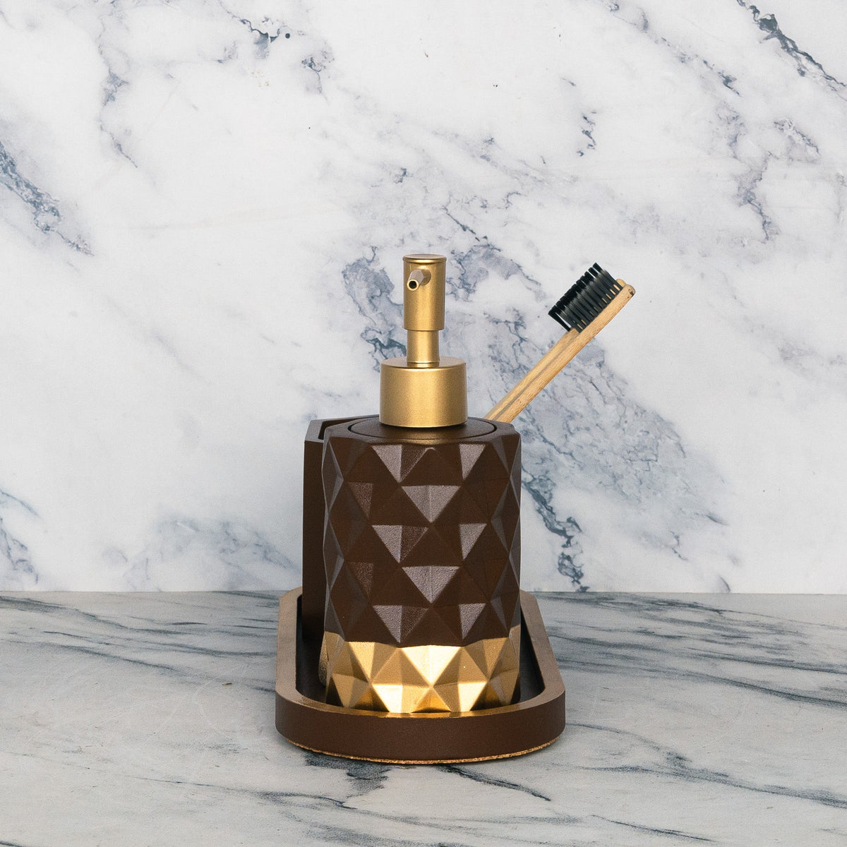 Coco Bathroom Set in Vintage Walnut, handcrafted bathroom accessories set