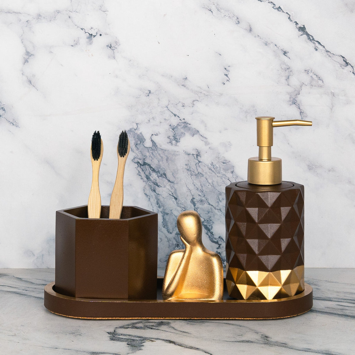 Coco Bathroom Set in Vintage Walnut, handcrafted bathroom accessories set