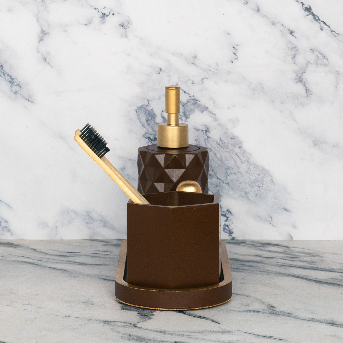 Coco Bathroom Set in Vintage Walnut, handcrafted bathroom accessories set