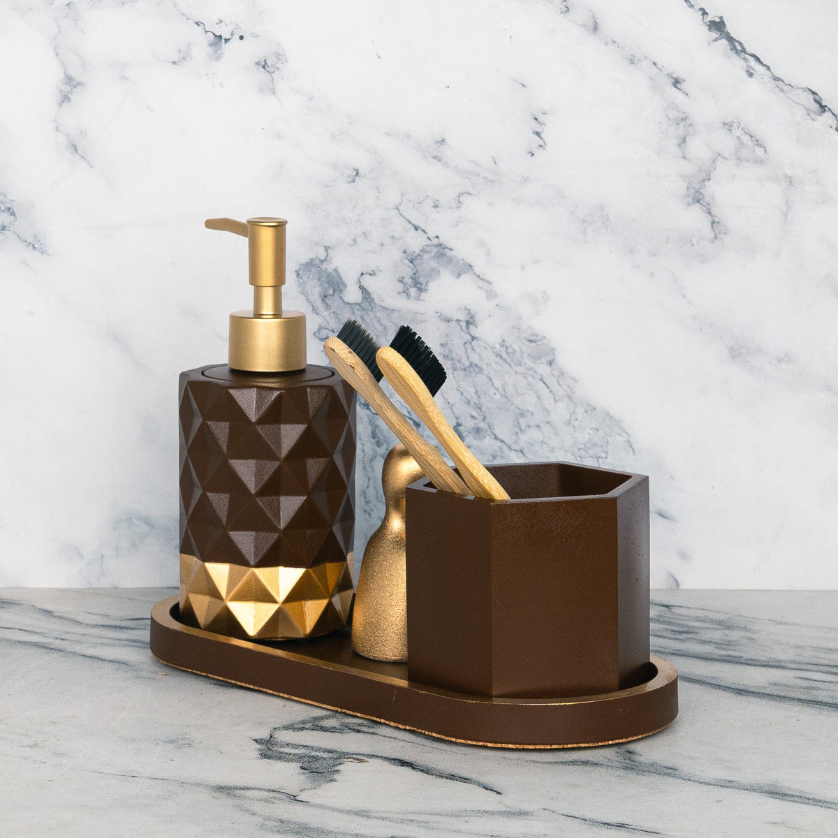 Coco Bathroom Set in Vintage Walnut, handcrafted bathroom accessories set