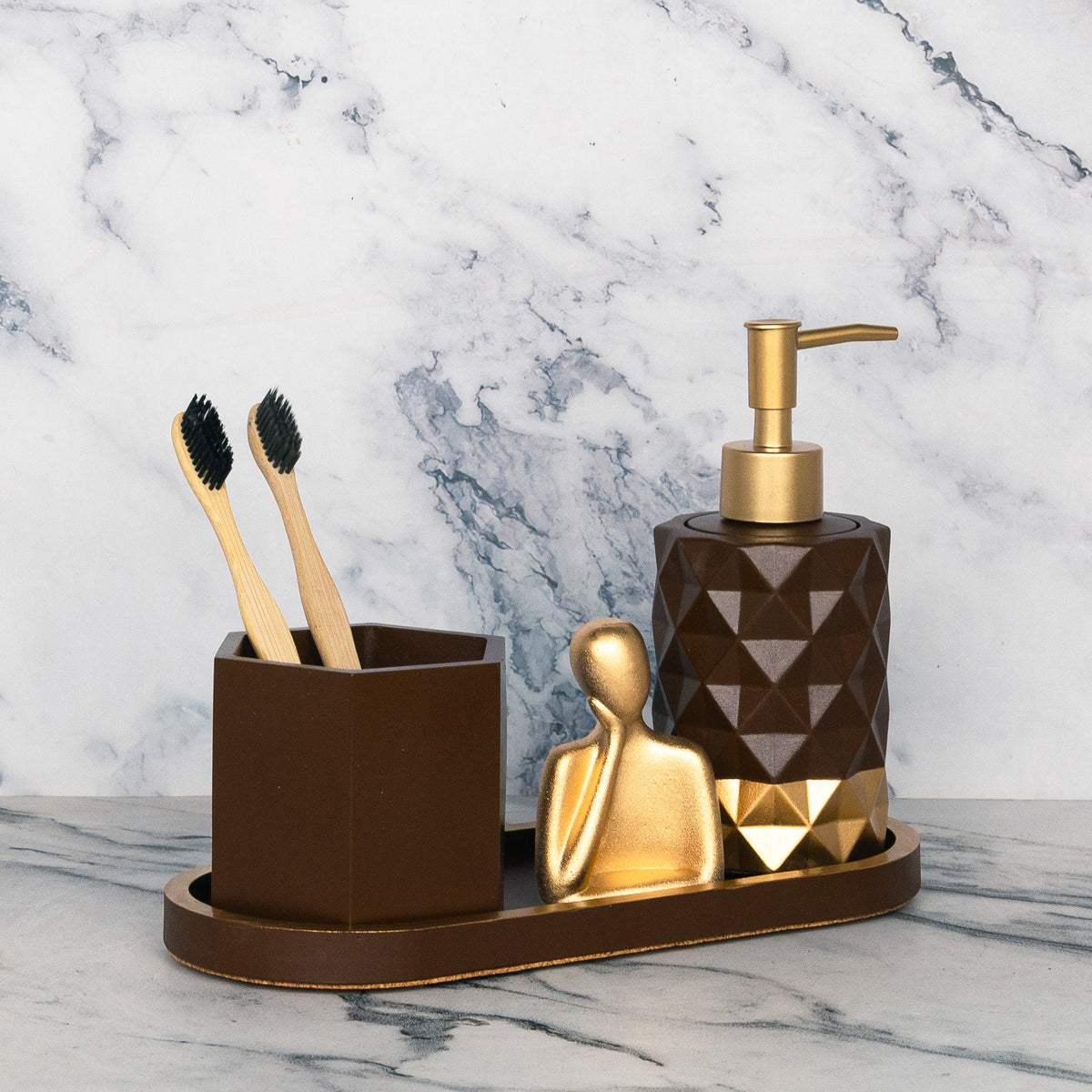 Coco Bathroom Set in Vintage Walnut, handcrafted bathroom accessories set