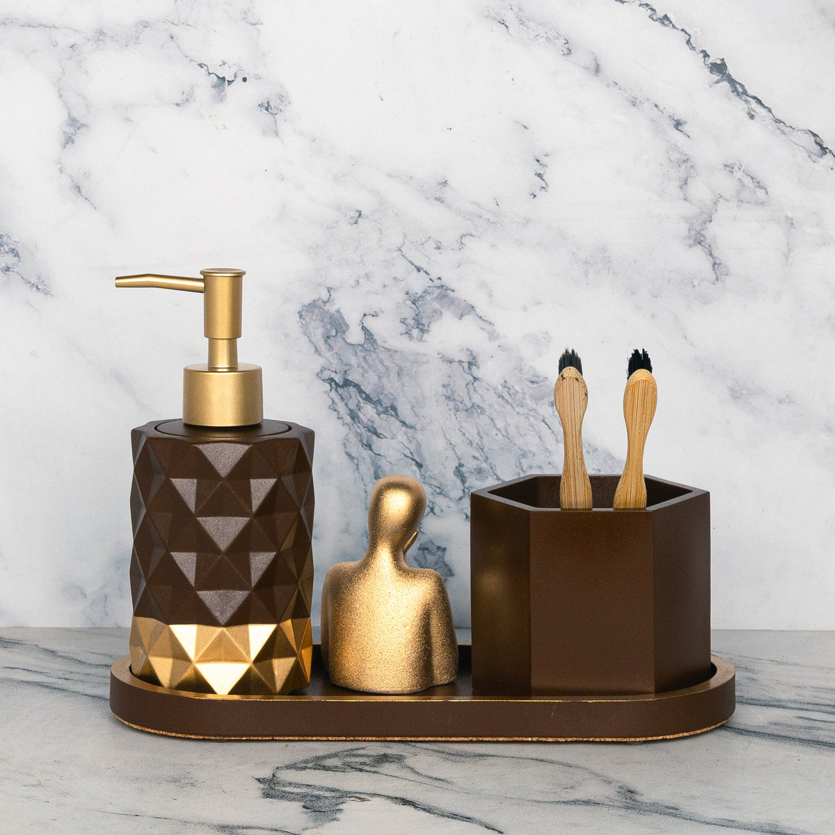 Coco Bathroom Set in Vintage Walnut, handcrafted bathroom accessories set