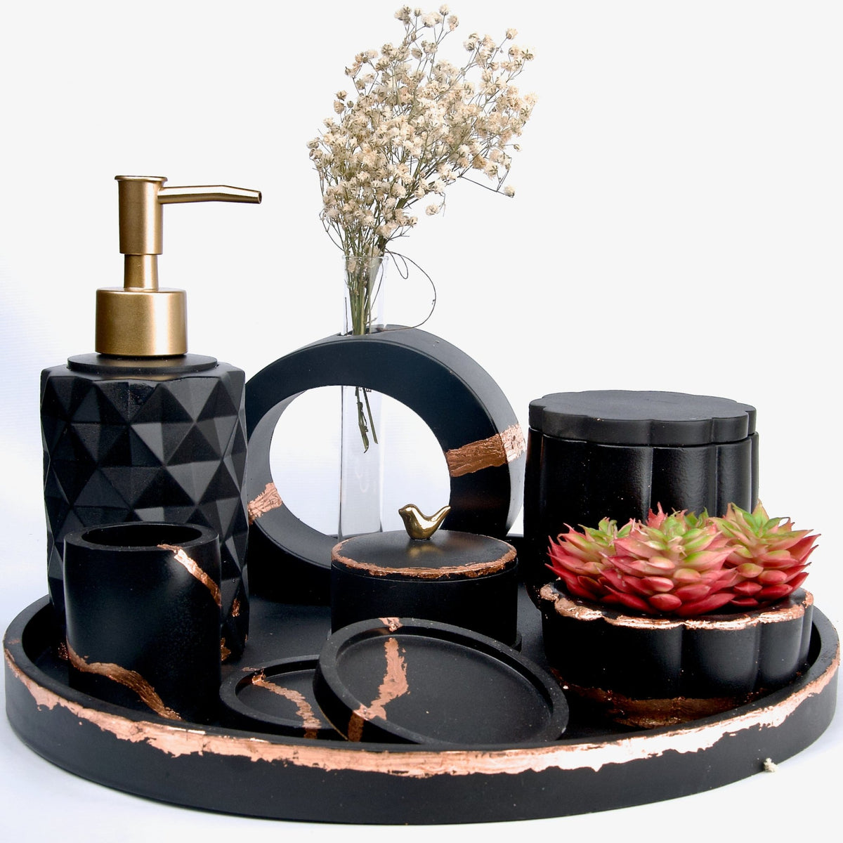 Copper Bathroom Set in Charcoal Black, handcrafted bathroom accessories set